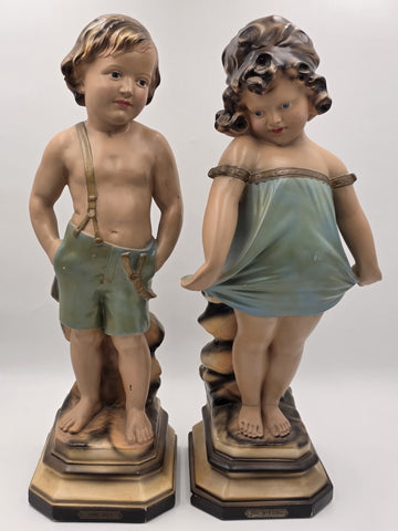 Paor huge 1920 French Art Deco Chalkware polychrome boy & girl figurine statues