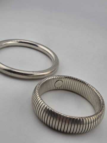 Set Of 2 Heavy Sterling Silver Bangle Bracelet Ribbed Tubogas & Solid 65g Modern