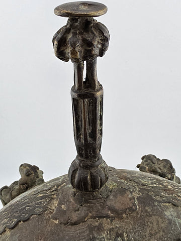 Early 20th C Luba Congo Bronze Ritual Vessel Lid w/ Figures African Tribal Art