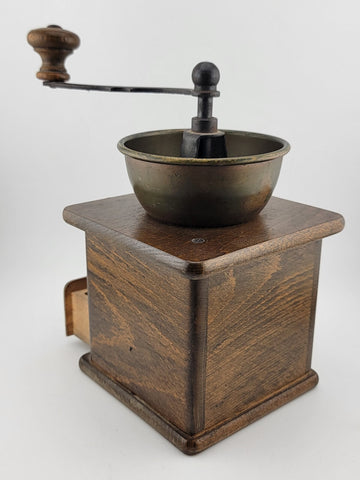 Rare DE Vintage European Manual Solid Wood Cast Iron Coffee Grinder With Drawer.
