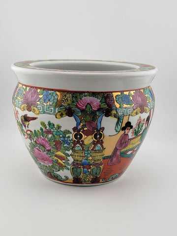 Antique Handpainted Chinoisserie Fishbowl Ceramic Chinese Pot W Geisha Figures.