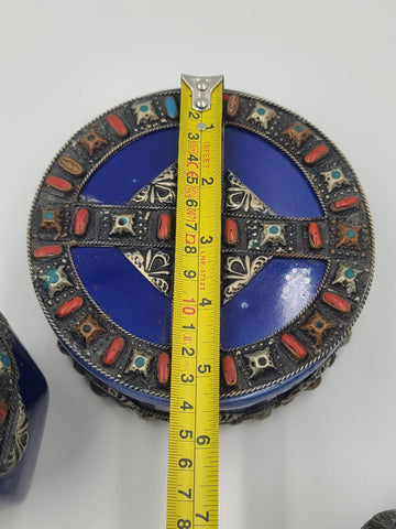 Vtg Mid Century Moroccan Berber Style Cobalt Ceramic Box Vase Metal Inlay Set