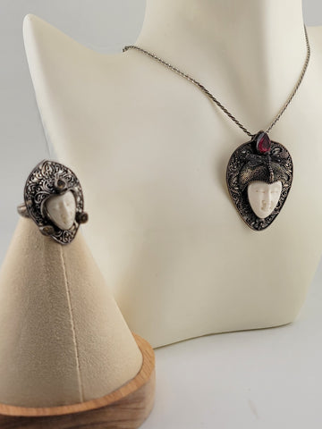 Sterling Silver Bali Goddess Moon Face Ruby Butterfly Pendant, Ring, Necklace