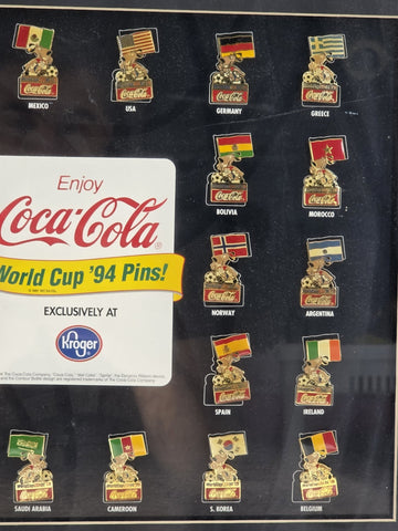Rare Set 1994 FIFA World Cup USA Ticket Stubs + Coca Cola Pin Set Framed Display
