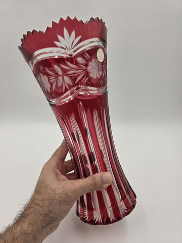 Vtg Bohemian Czech Ruby Cut To Clear Crystal Vase, Large and Heavy Crystal Vase