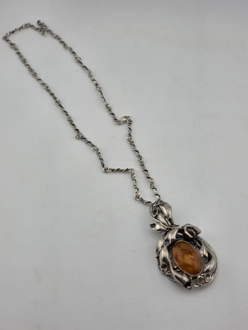 Antique Heavy Mid Century 925 Sterling Silver & Baltic Amber Pendant& Necklace.