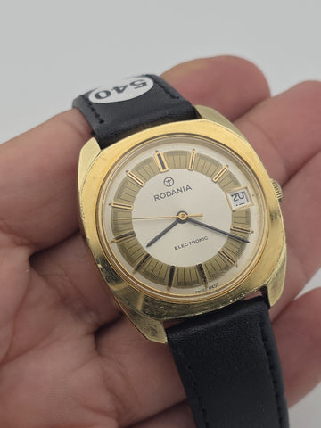 Vintage Rodania Electronic Swiss Made Gold Plated Date Men's Watch Running 34mm