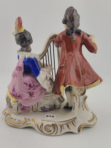 Antique Sitzendorf Germany Porcelain Musical Couple Figurine Lace Harp Flute