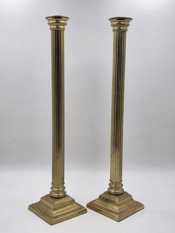 Pair Antique Monumental Brass Fluted Column Candlestick Neoclassical Regency 22”