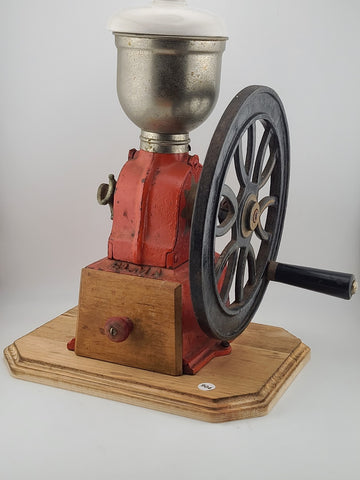 Vintage Elma Big Wheel Coffee Mill Grinder Cast Iron Wheel Mounted On Wood Base