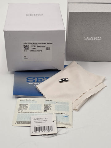 Seiko SMGG21P1 A824 Digital Alarm Chronograph Blue Bezel Watch Box Papers