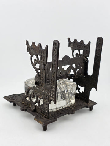 Antique TATUM'S Postal Ink Stand Cast Iron Glass Inkwell Quill & Envelope Holder