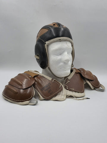 Rare Antique 1940's Goldsmith 60F Football Helmet &University 12C Shoulder Pads.