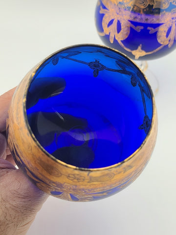 Vintage Arte ltalica Brandy Snifters: Cobalt BlueBlown Glass with Gold