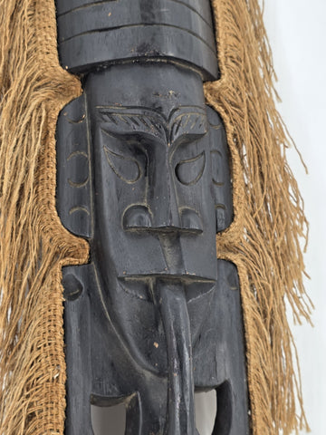 Vintage 40” West African Hand Carved Wood Mask Raffia Fringe Tribal Wall Art