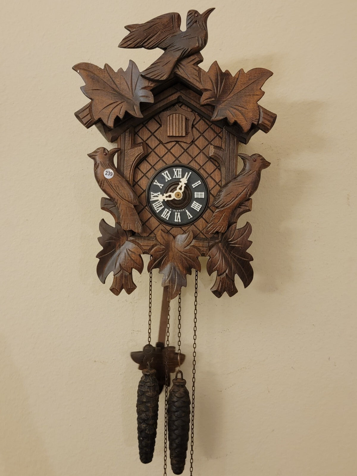 Vintage Collectible Germany 1 Day Black Forest Cuckoo Clock Bird & Leafs. Works