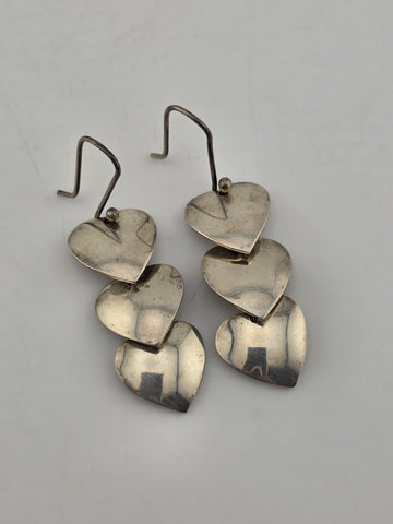 Rare Antique Taxco TR-60 Mexico Sterling Silver Triple Heart Earrings