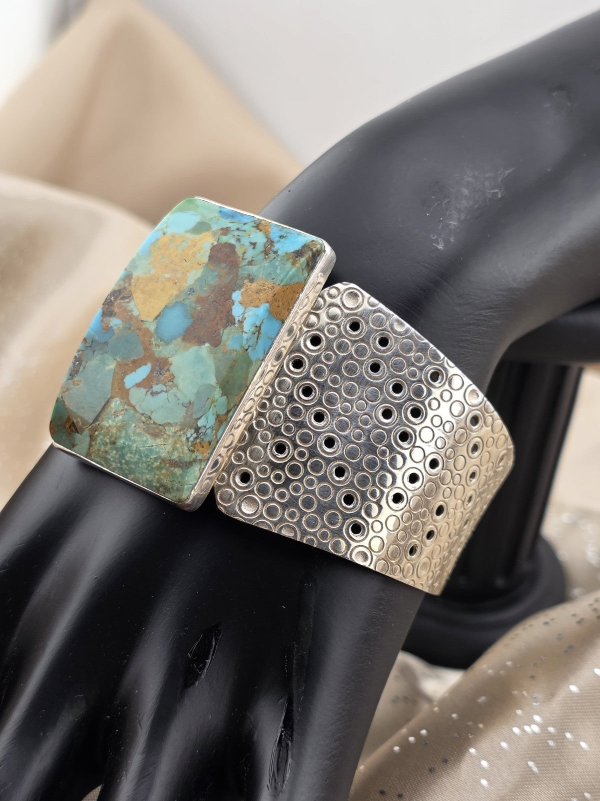 Rare Vintage Large Turquoise Sterling Silver Cuff Bracelet Modernist DTR 925.