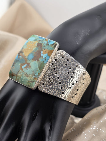 Rare Vintage Large Turquoise Sterling Silver Cuff Bracelet Modernist DTR 925.