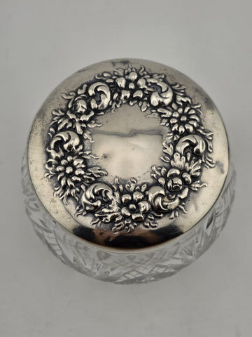 Antique Watson Sterling Silver Floral Lid Cut Crystal Vanity Jar C1900 Fine 925