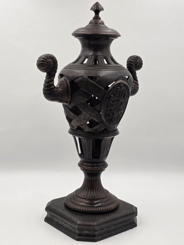 Antique Heavy Bronze Neoclassical Urn Ram Head Handles Pierced Vase Empire Style