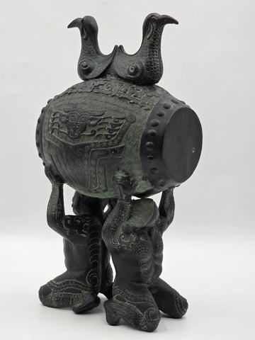 Antique Old China Bronze Ware Dynasty Dragon Head Kneel People Drum Statue 15 in