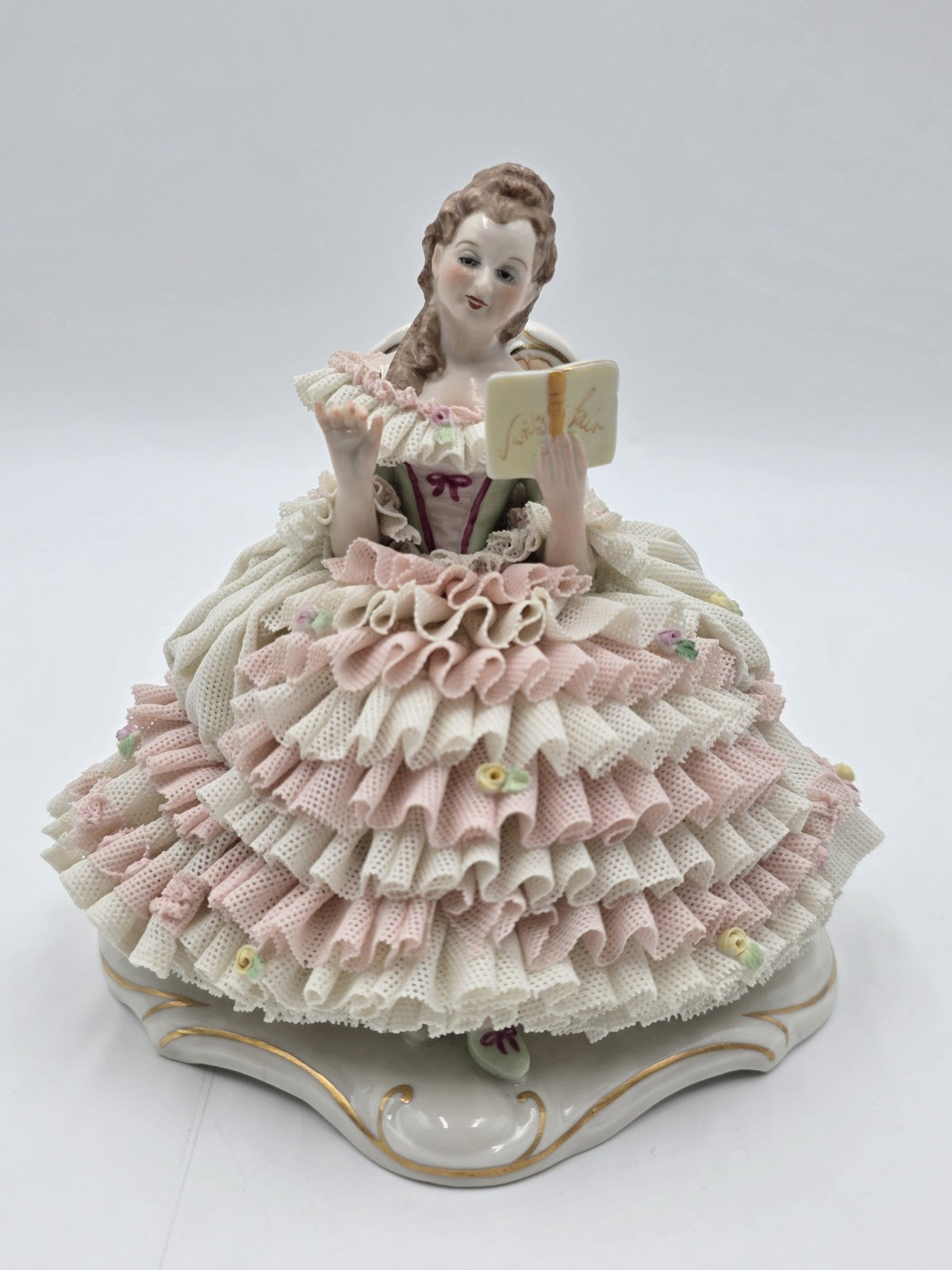 Vintage M.Z. Ireland Dresden Lace Porcelain Figurine Lady Reading Book Seated
