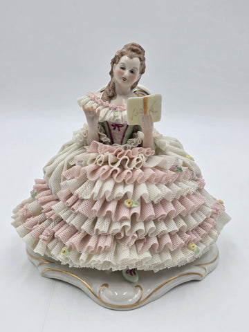 Vintage M.Z. Ireland Dresden Lace Porcelain Figurine Lady Reading Book Seated
