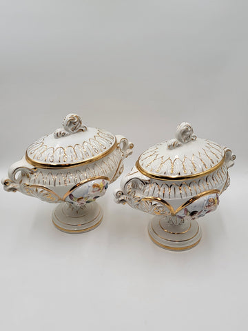 Set Of 2 Keramos Capodimonte Italy Cherub Centerpiece Vase Lidded Pedestal Bowls