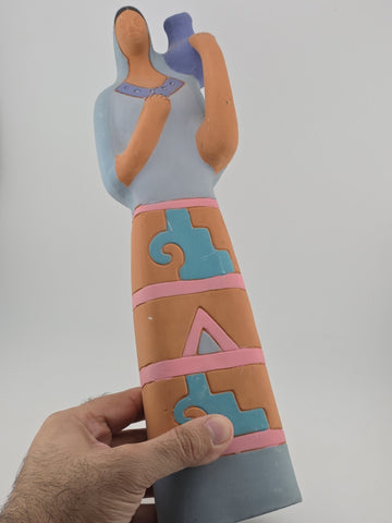 Vintage Handmade Painted Clay Indeginous Pottery Woman Holding Pot 15" High
