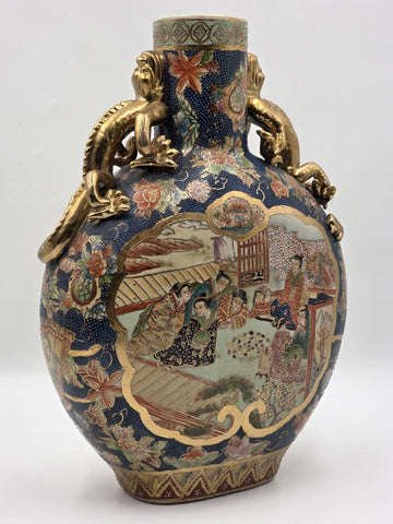 Vintage Royal Satsuma Moon Flask Bottle Vase Gold Gilt Dragon Handles Large 14"