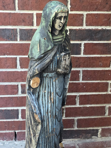 Antique 18th C XL Wooden Sculpture Of Virgin Marie Magdalene Hand Painted. 34 In