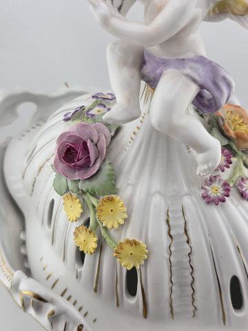 Antique Von Schierholz German Oval Reticulated Footed Bowl Lid & Figured Cherub