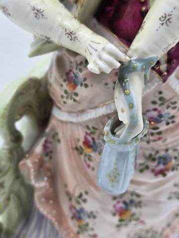 Antique 19th C German Dresden Style Porcelain Lady Figurine Bocage 16” Figure.