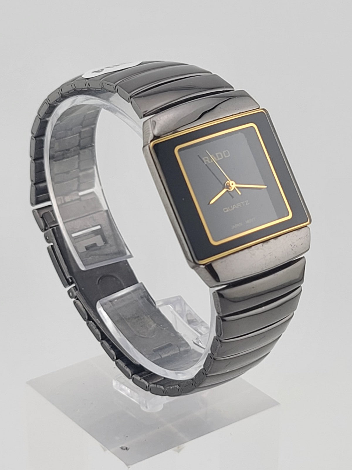 Vintage Rado Rectangular Quartz Watch Black Dial Gold Trim Swiss Design. Works.