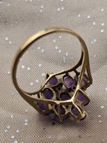 Antique 10K Solid Gold Amethyst Cluster Ring Diamond Accents Size 7.5 W Box.
