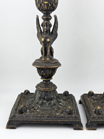 Ultra Rare 19th Century Egyptian Revival Gilt Bronze Sphinx Candlestick Holders