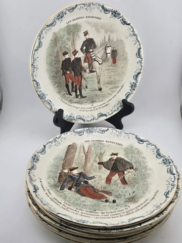 Set Of 6 ANTIQUE FRENCH TERRE DE FER PORCELAIN MILITARY PLATES. 7.5 Inch.
