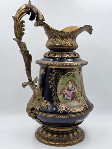 Antique French Cobalt Blue Porcelain &Brass Ewer Fragonard Scene Gilt Bronze 23"