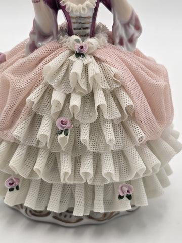Vintage German Dresden Style Porcelain Lace Lady Figurine Fan Rose 7"