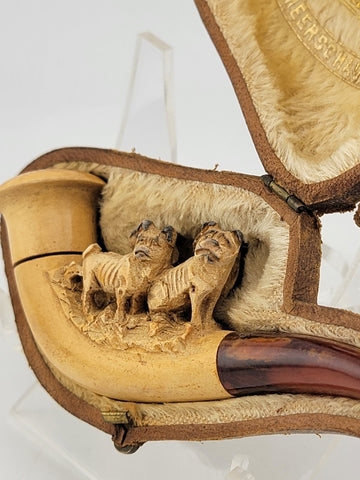 Antique 19th C 4 Pugs Meerschaum Pipe/ Cig. Holder W Amber Stem. Original Case.