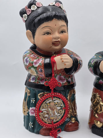 XL 15 inch Vintage Chinese Boy & Girl Prosperity Figurines Pair Good Luck Wealth
