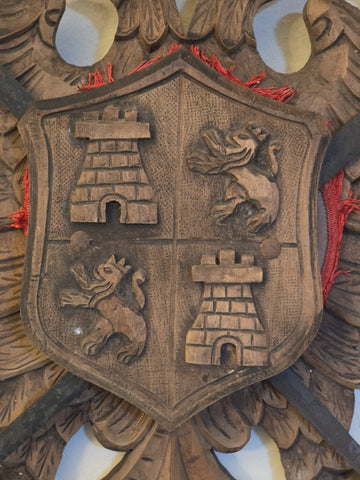 Antique Large Spanish Walnut Wood Carved Family Coat of Arms W 2 Tolido Swords.