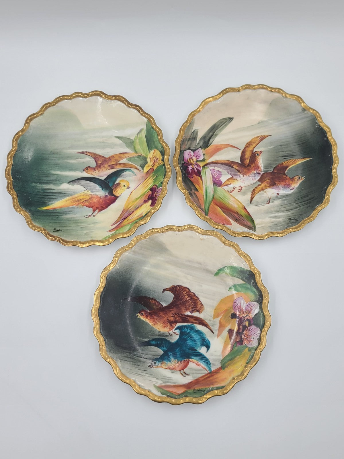 SET OF 3 ANTIQUE LIMOGES FRANCE LRL HAND PAINTED BIRDS CABINET PLATE SIGNED