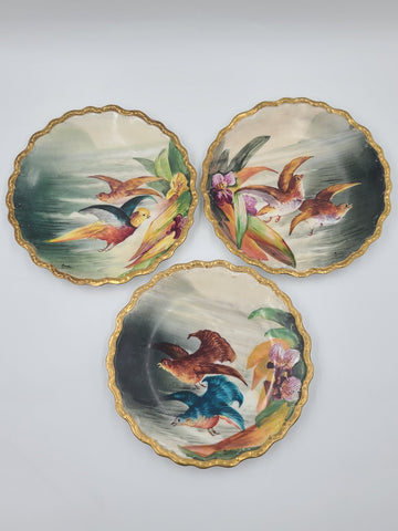 SET OF 3 ANTIQUE LIMOGES FRANCE LRL HAND PAINTED BIRDS CABINET PLATE SIGNED