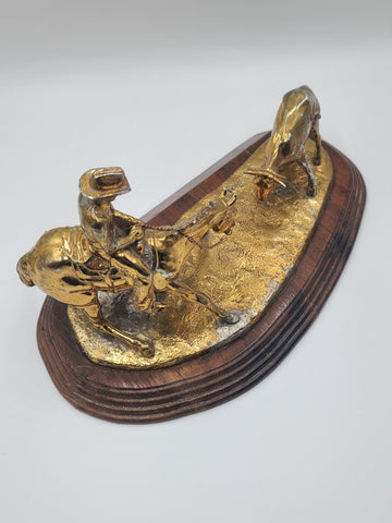 15 In Jim Reno Cutting Horse &Steer Rodeo Brass Trophy Sculpture Gold Color NCHA