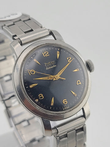Vintage 1950 Zodiac Hermetic Swiss Black Dial Gilt Numerals Manual Watch. Works