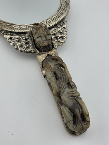 Rare Antique Chinese Ornate Jade and Silver  Carved Dragon Hand Mirror