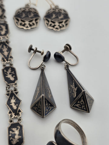 Rare Antique 1940s Siam Sterling Silver Niello Jewelry His And Hers Complete Set