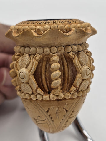 Antique C1920 Turkish Meerschaum Tobacco Pipe Hand Carved Figural Lucite Stem.